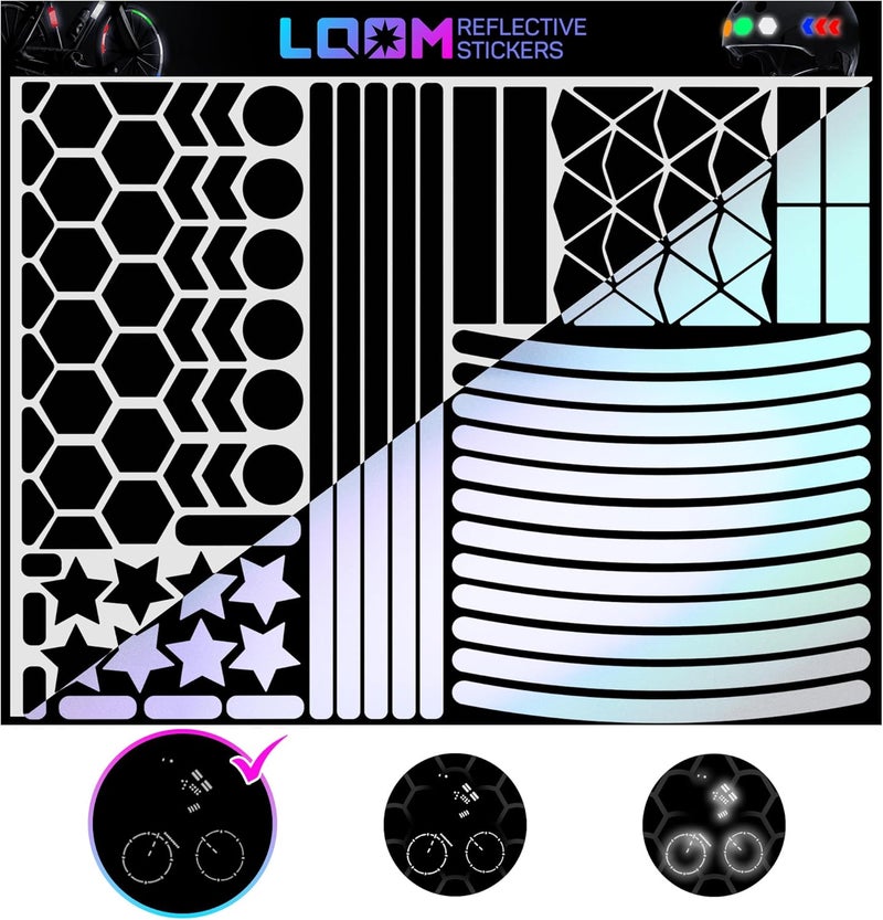 Loom Reflective Stickers Mega Kit (101pcs Black)• Nighttime Safety Waterproof Self-Adhesive Decals for Helmets, Skateboard, Bike, Scooter, E-Bike, Motorcycle & Strollers • Bright Colors - Image 1